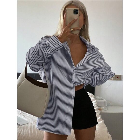 striped button down collared shirt blue white oversized preppy minimalist - Picture 1 of 2